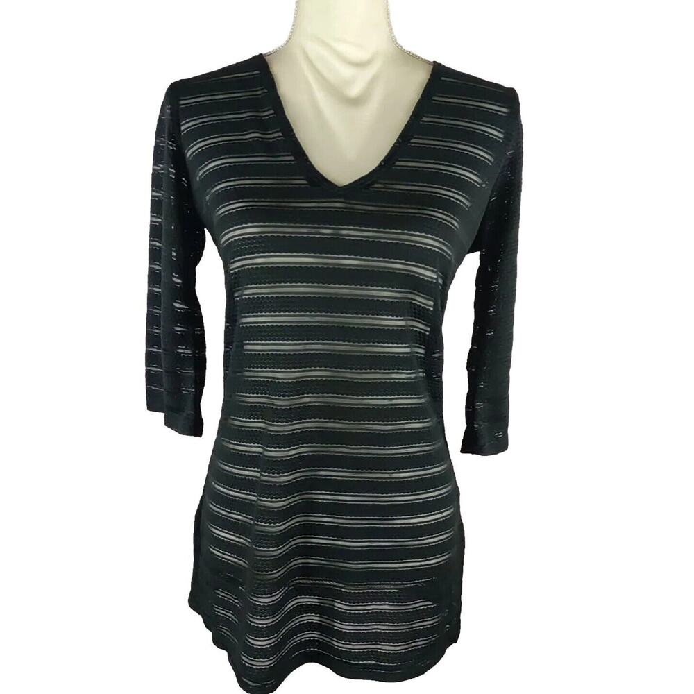 J. Valdi Black See Through Tunic Size S 3/4 Sleeve V Neck Whimsigoth Y2K Vtg
